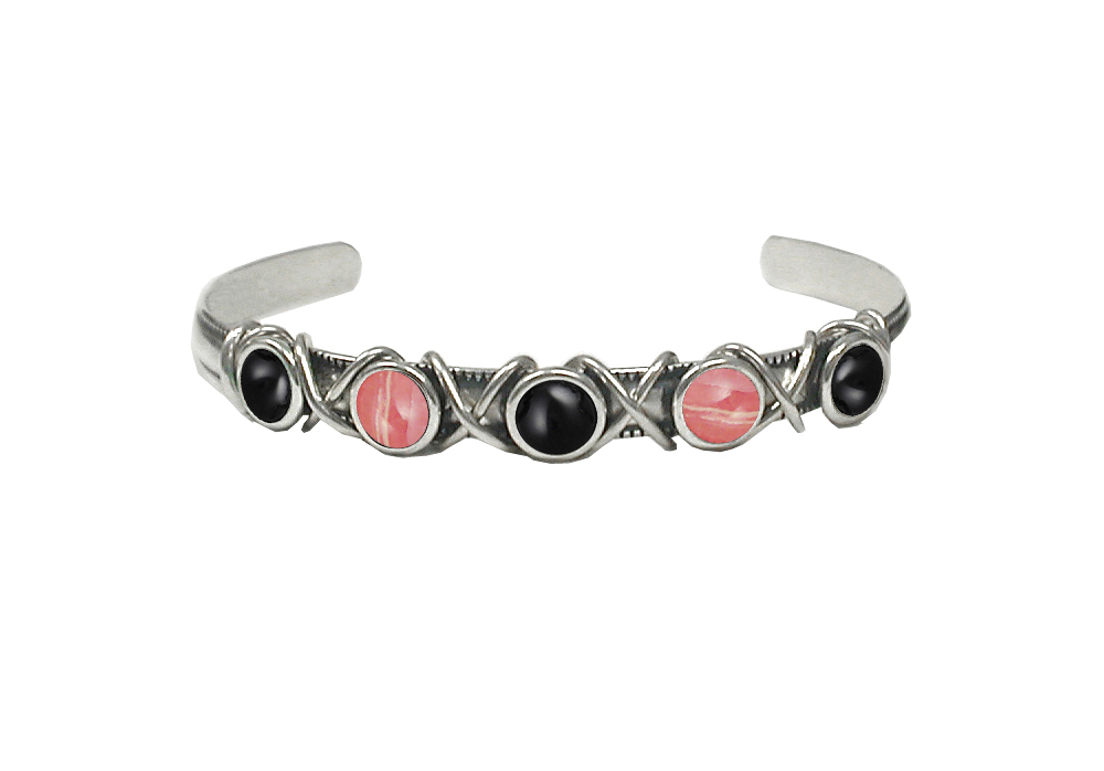 Sterling Silver Cuff Bracelet With Black Onyx And Rhodocrosite